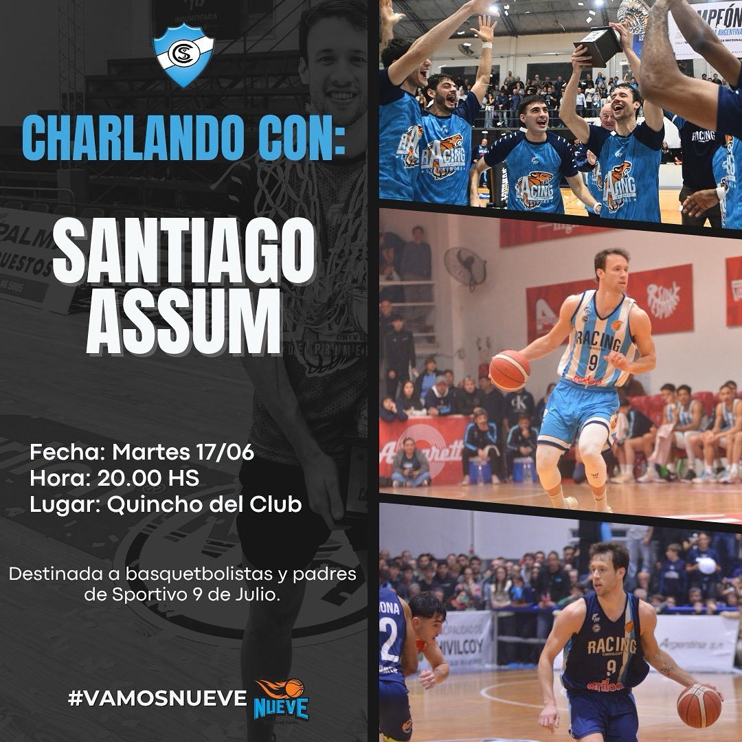 🤩🗣️ ¡Se viene una charla con un campeón! 

👉🏻 Santiago Assum, surgido en el Patriota, y recientemente campeón de la Liga Argentina con Racing de Chivilcoy, brindará este martes una charla para jugadores y padres de Sportivo 9 de Julio en el quincho del Club. 

#VamosNueve👊
