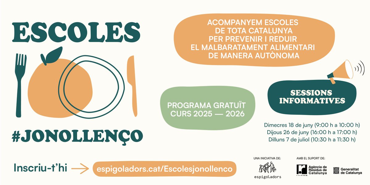 Espigoladors (@espigoladors) on Twitter photo 📣 Torna la xarxa d’Escoles #jonollenço!
Busquem 15 escoles pioneres per liderar la lluita contra el malbaratament alimentari.
Durant el curs 2025-2026 us facilitarem recursos per a quantificar el malbaratament i implementar mesures efectives per reduir-lo. 👇
<a href="/residuscat/">Agència de Residus</a> 📣 Torna la xarxa d’Escoles #jonollenço!
Busquem 15 escoles pioneres per liderar la lluita contra el malbaratament alimentari.
Durant el curs 2025-2026 us facilitarem recursos per a quantificar el malbaratament i implementar mesures efectives per reduir-lo. 👇
<a href="/residuscat/">Agència de Residus</a>