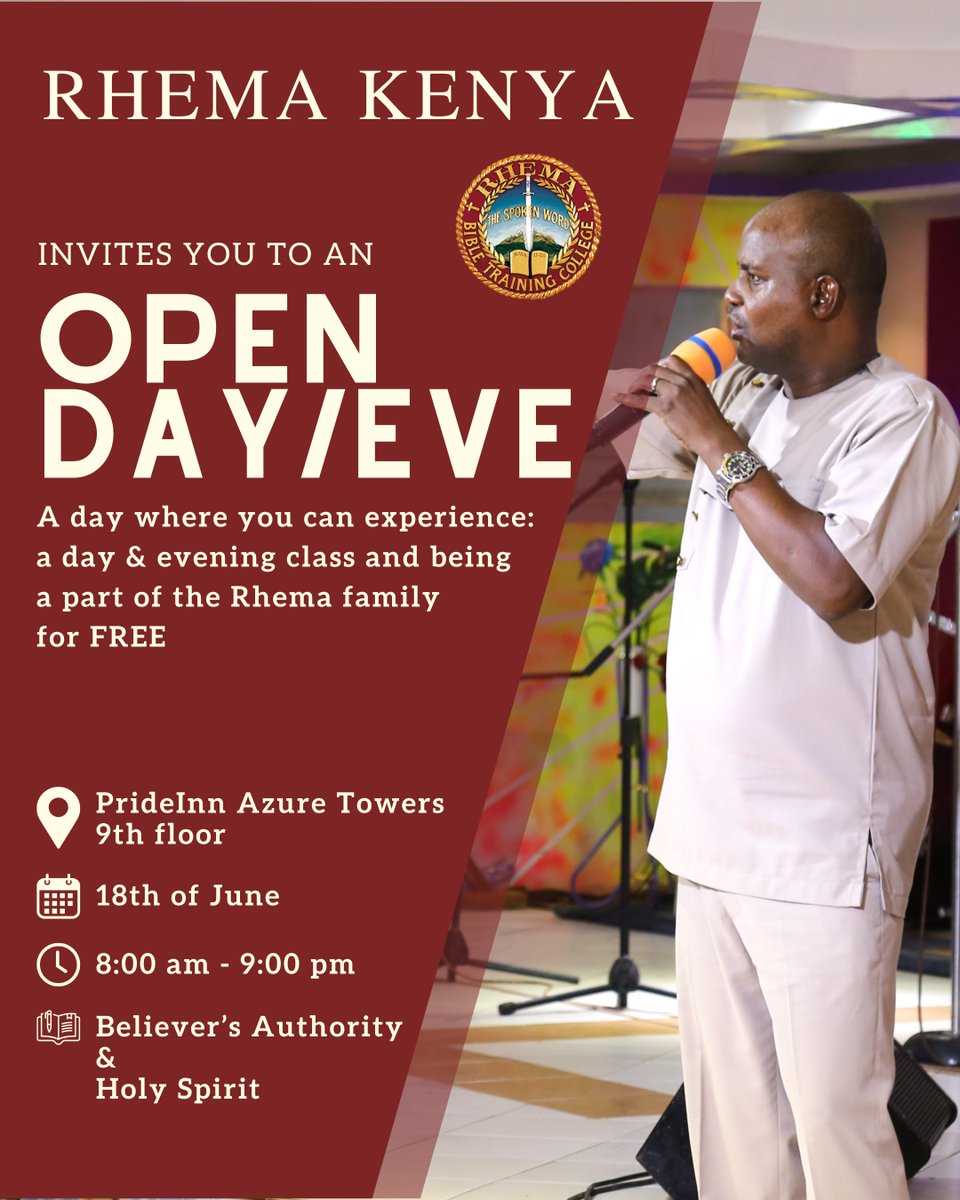 We will be having Open Day in Nairobi and Mombasa this Wednesday! If you are interested in Rhema, or are interested in knowing more about us, join us this Wednesday!