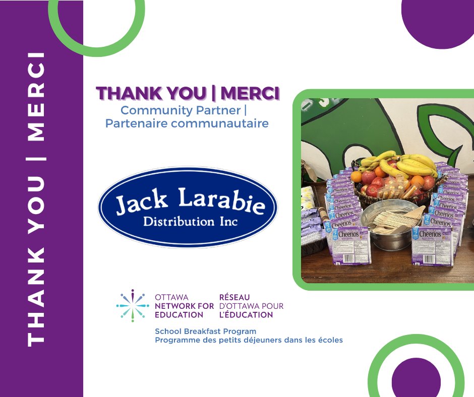 A heartfelt thank you to Jack Larabie Distribution INC. Your support with weekly food orders plays a vital role in ensuring that thousands of students across Ottawa start their day with the nutritious food they need to learn, grow, and thrive. Thank you!