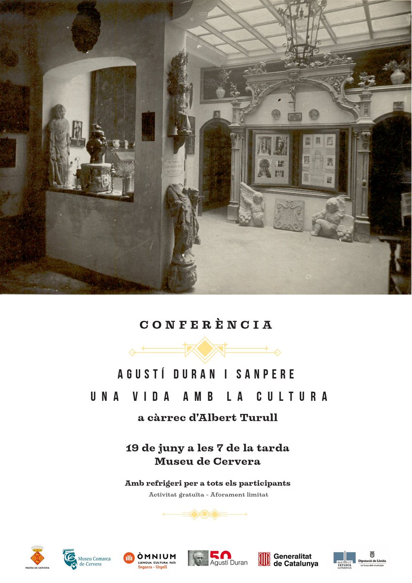 Amb motiu de l'#AnyAgustíDuraniSanpere, aquest dijous, 19 de juny, a la tarda, 19h, 

Albert Turull impartirà la conferència "Agustí Duran i Sanpre, una vida amb la Cultura"👇

No te la perdis i descobreix la figura d'aquest personatge cabdal per l'actual cultura del país‼️