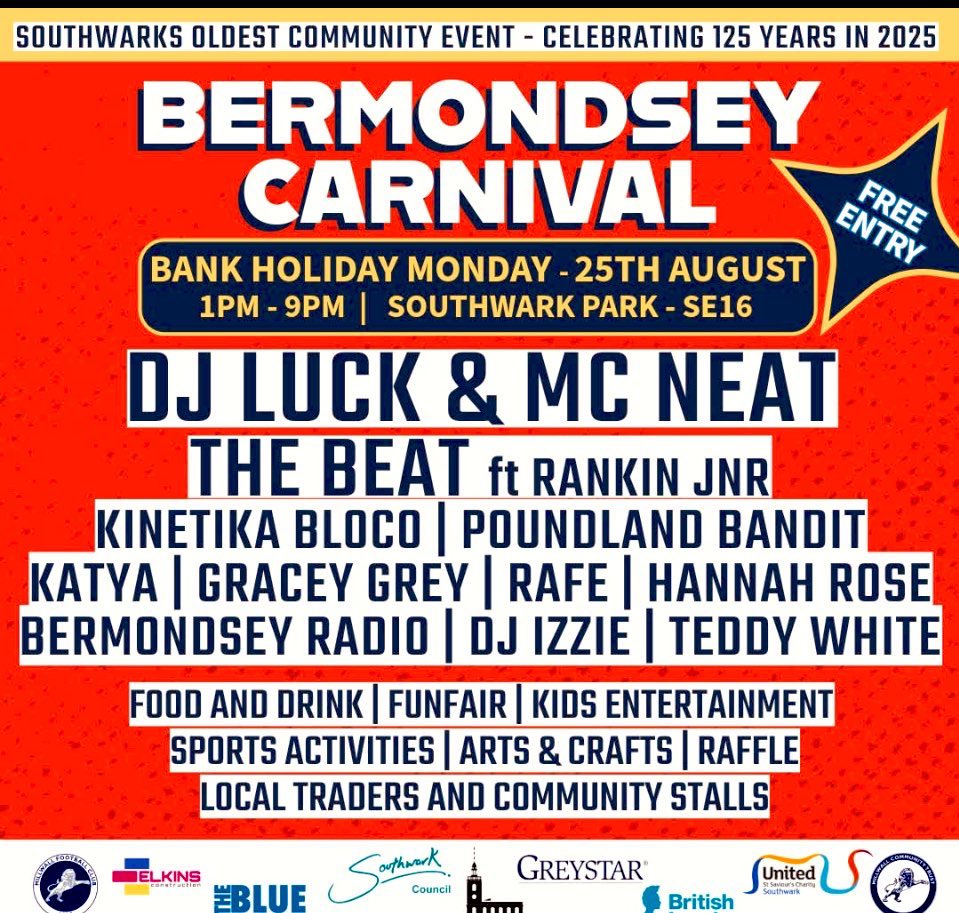 Hi everyone, 

Just announced the line up for this years Bermondsey Carnival ! I now Organising this last year after former organiser and our dear mate Russ passed away. So happy to be able to provide a good day out for the Bermo community and those surrounding Southwark park.