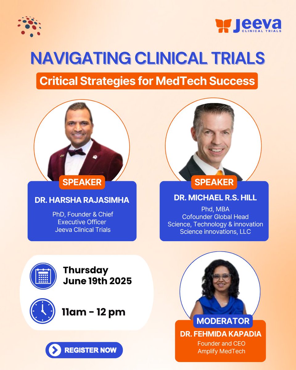 Join us June 19 for a MedTech webinar on clinical trial success! Hear expert insights from Dr. Harsha Rajasimha &amp; Dr. Michael Hill, moderated by Dr. Fehmida Kapadia. Boost your trial strategies—register now! 

#MedTech #ClinicalTrials #HealthcareInnovation