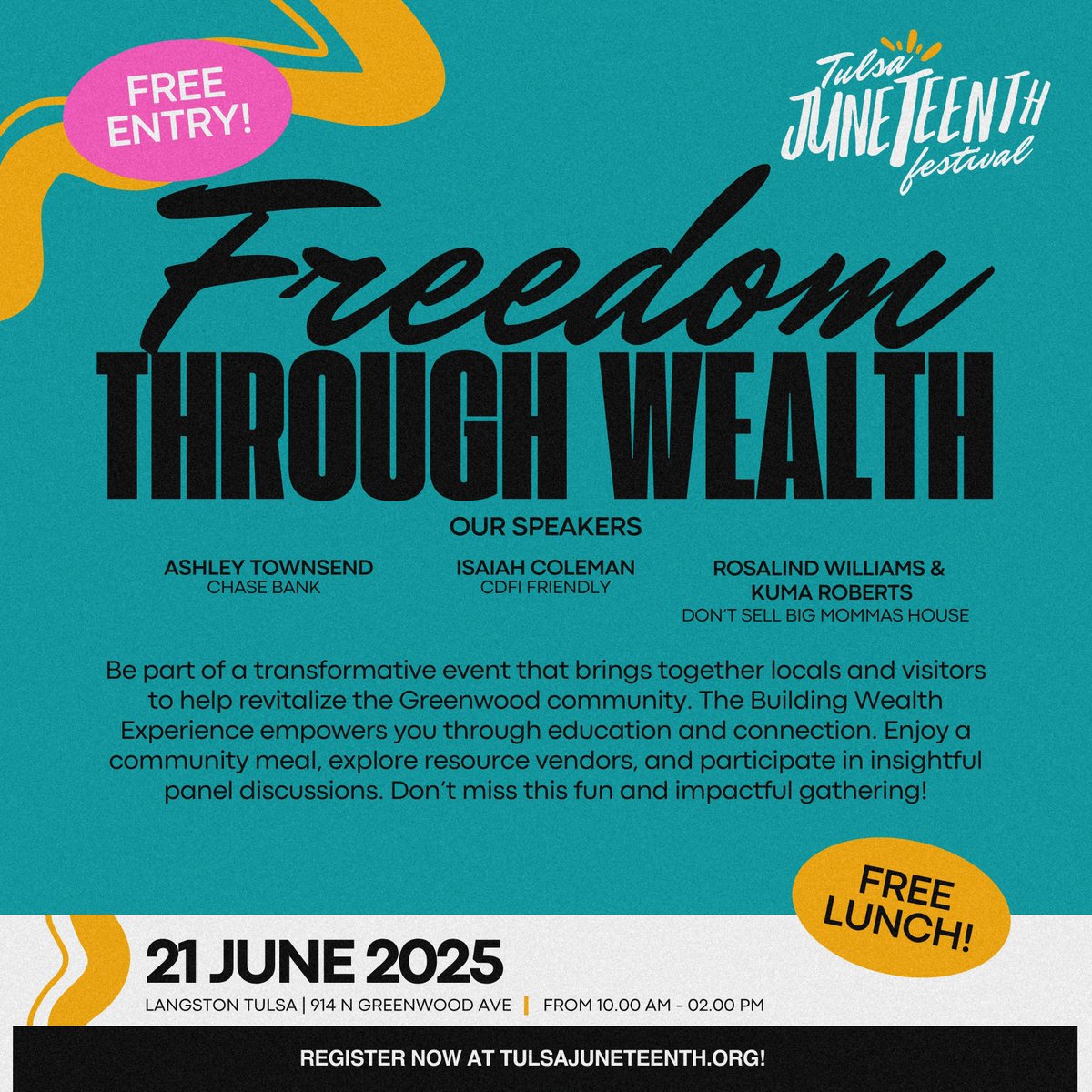 🏠 Tulsa! Join us at the Freedom Through Wealth event on Saturday! Our Fair Housing team will be on site sharing info and resources on housing rights! 📢

FREE entry and lunch!
📅 Sat 6/21 | 10 AM-2 PM 📍 Langston Tulsa, 914 N Greenwood Ave Register: TulsaJuneteenth.org