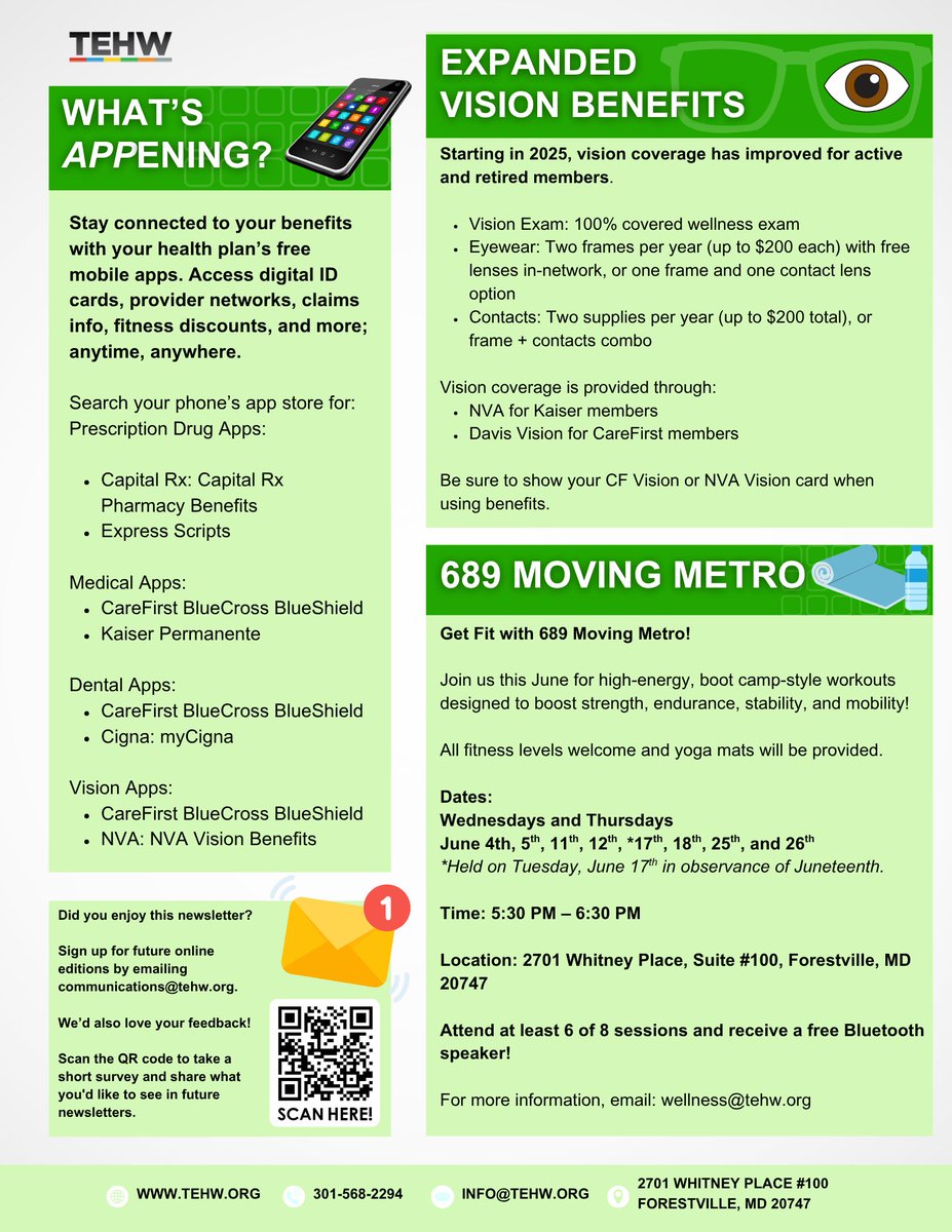 TEHWOfficial's tweet image. Stay connected with us through our monthly newsletter!
Get the latest updates from your medical carriers, learn how to make online premium payments, and explore upcoming Wellness events.
Issue 2 has also been mailed to members earlier this month so check your mailbox!