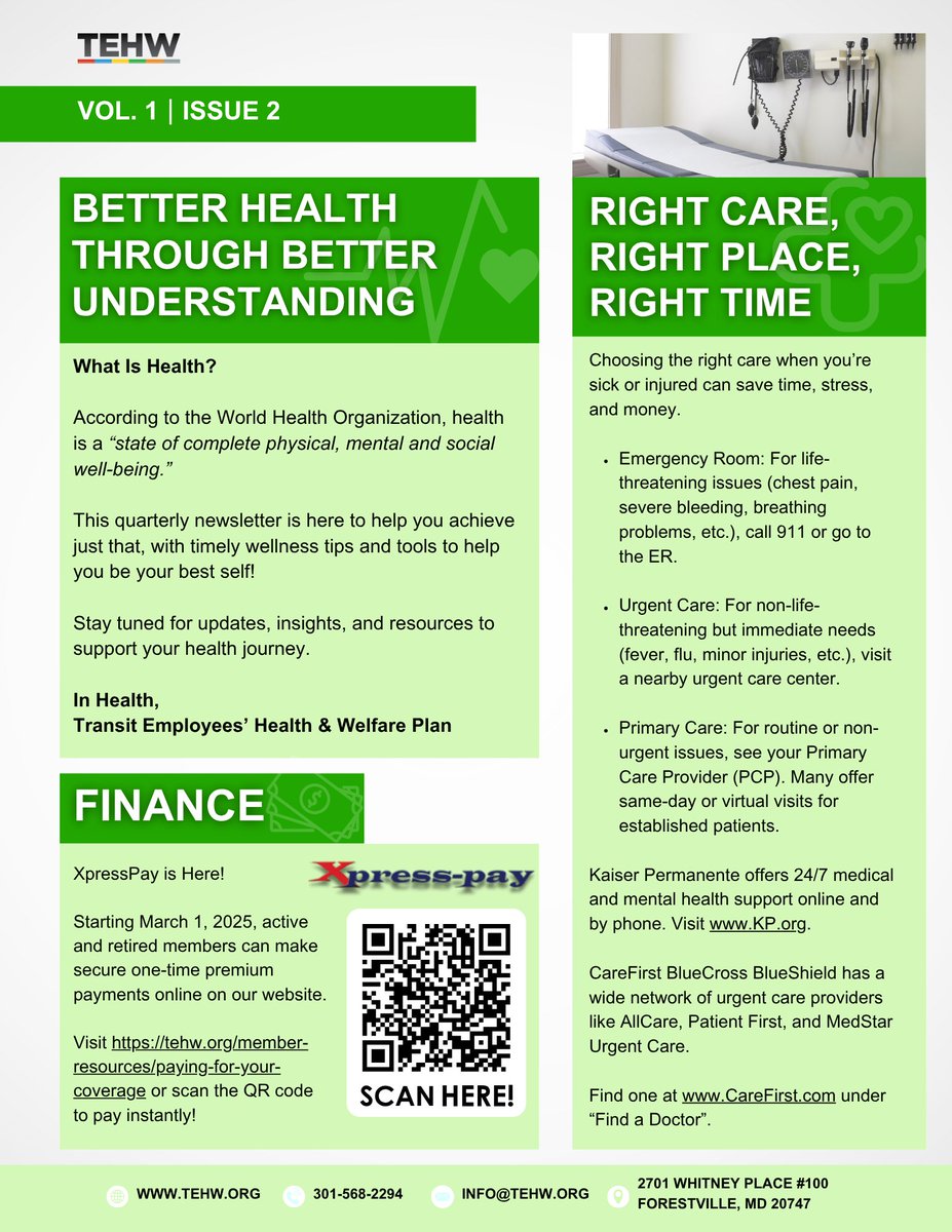 TEHWOfficial's tweet image. Stay connected with us through our monthly newsletter!
Get the latest updates from your medical carriers, learn how to make online premium payments, and explore upcoming Wellness events.
Issue 2 has also been mailed to members earlier this month so check your mailbox!
