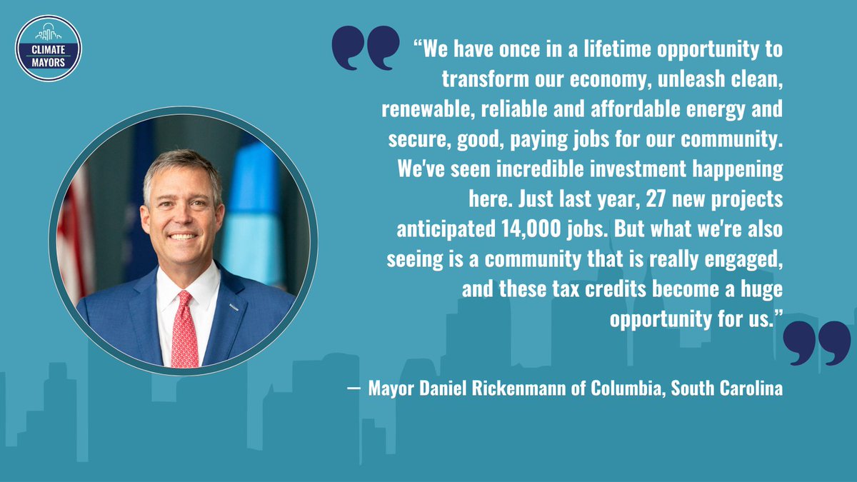 The Climate Mayors (@climatemayors) on Twitter photo How are clean energy tax credits helping American cities & the economy? 🏙️💵
Our chair <a href="/MayorGallego/">Mayor Kate Gallego</a> of @CityofPhoenix & Mayor Rickenmann <a href="/colamayor/">Daniel J. Rickenmann</a> of <a href="/CityofColumbia/">City of Columbia</a> share how the credits have made energy more affordable & accelerated economic opportunity in their cities. How are clean energy tax credits helping American cities & the economy? 🏙️💵
Our chair <a href="/MayorGallego/">Mayor Kate Gallego</a> of @CityofPhoenix & Mayor Rickenmann <a href="/colamayor/">Daniel J. Rickenmann</a> of <a href="/CityofColumbia/">City of Columbia</a> share how the credits have made energy more affordable & accelerated economic opportunity in their cities.