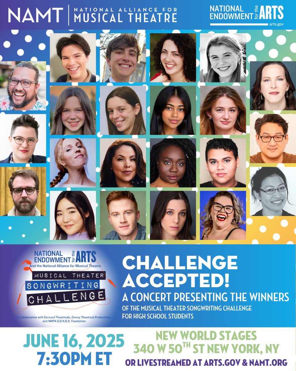 TONIGHT!

Join us on Monday, June 16 at 7:30pm ET for a concert presenting this year's winners of the Musical Theater Songwriting Challenge for High School Students. Watch live on arts.gov or namt.org.