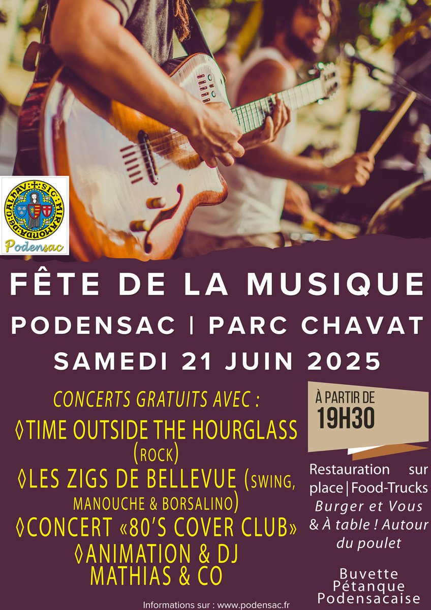 #FetedelaMusique au parc #Chavat de #Podensac ! Samedi 21 juin 2025, dès 19h30. Un programme éclectique et festif avec des artistes aux univers variés : Toth (Time Outside The Hourglass),  Les Zigs de Bellevue,  et 80’s Cover Club, un final explosif avec les tubes des années 80.