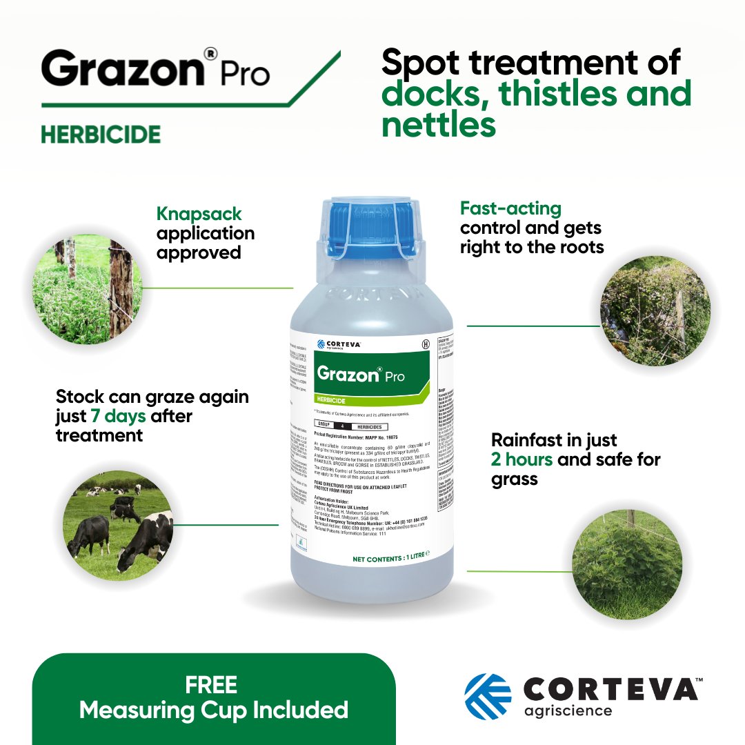 Corteva UK & Ireland - Forage (@cortevaforage) on Twitter photo 🌿 Docks, thistles, and nettles taking over your fields?
 
Grazon Pro is the proven, cost-effective solution for precision weed control of problem weeds like nettles, thistles, bramble, docks, buttercups, gorse, cow parsley, and hogweed.
 
Learn more: corteva.co.uk/grazon 🌿 Docks, thistles, and nettles taking over your fields?
 
Grazon Pro is the proven, cost-effective solution for precision weed control of problem weeds like nettles, thistles, bramble, docks, buttercups, gorse, cow parsley, and hogweed.
 
Learn more: corteva.co.uk/grazon