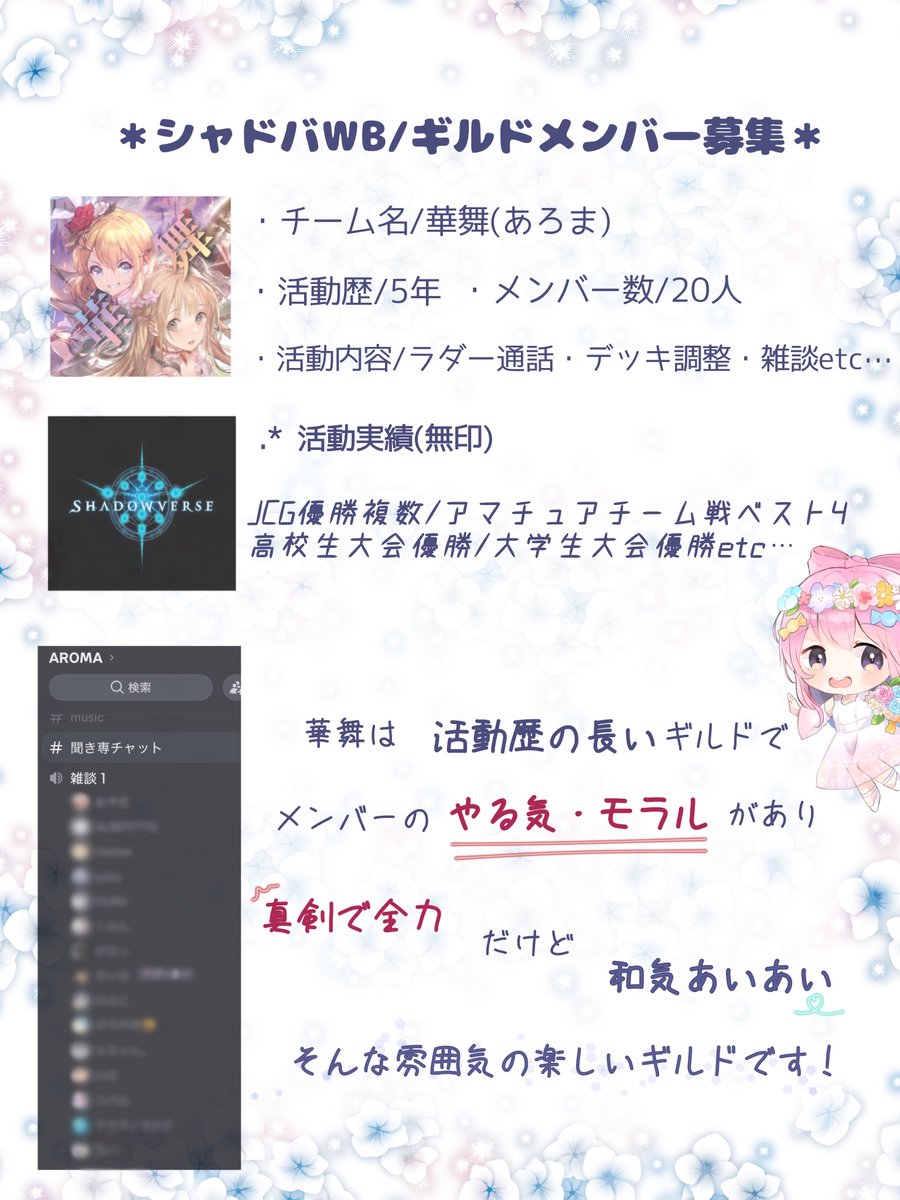 TeamAroma15's tweet photo. 本日より、チーム華舞はメンバーの公募を開始します！
ShadowverseがWBになり、ギルド機能がアップデートされたこともあり、今回募集を行うことにしました。
ギルドの人数が30人に達し次���、募集は終了となります。
Shadowverseをプレイしたことがない方も��歓迎です！ぜひお気軽にご連絡ください！ https://t.co/mrDhRJSW45