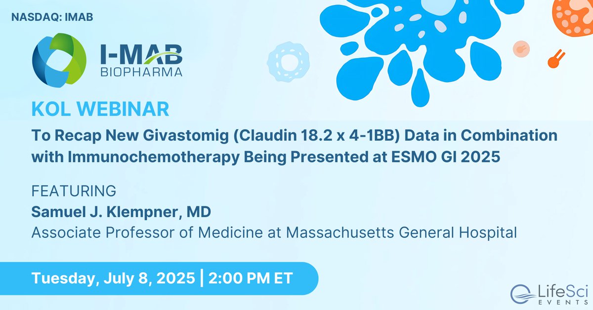 Join <a href="/IMabBiopharma/">I-Mab Biopharma</a> $IMAB for a KOL webinar on July 8 at 2pm ET featuring Dr. Klempner, who will discuss new givastomig data. Givastomig, a potential best-in-class, Claudin 18.2 x 4-1BB bispecific antibody, is being evaluated in gastric cancers.
Register: bit.ly/4kLWKWi