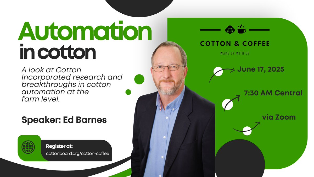 The Cotton Board (@thecottonboard) on Twitter photo We are so excited for tomorrow morning's Cotton & Coffee as we take a closer look at automation in cotton production. Ed Barnes from <a href="/CottonInc/">Cotton Incorporated</a> will talk through the latest research and real-world breakthroughs happening at the farm level. Register here: cottonboard.org/cotton-coffee We are so excited for tomorrow morning's Cotton & Coffee as we take a closer look at automation in cotton production. Ed Barnes from <a href="/CottonInc/">Cotton Incorporated</a> will talk through the latest research and real-world breakthroughs happening at the farm level. Register here: cottonboard.org/cotton-coffee