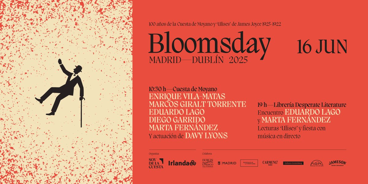 Turismo de Irlanda (@descubreirlanda) on Twitter photo Nos vemos esta tarde con más #BloosmdayMadridDublin en la librería <a href="/DesperateLit/">Desperate Literature</a> (Cava Baja, 8). Coloquio de Eduardo Lago y Marta Fernández (<a href="/mrtfernandez/">Marta Fernández</a>), música irlandesa y degustación de whiskey con @jameson_es.
<a href="/IrlEmbMadrid/">Embassy of Ireland, Madrid</a> #BloomsdayMadridDublin <a href="/DublinCityofLit/">Dublin UNESCO</a> Nos vemos esta tarde con más #BloosmdayMadridDublin en la librería <a href="/DesperateLit/">Desperate Literature</a> (Cava Baja, 8). Coloquio de Eduardo Lago y Marta Fernández (<a href="/mrtfernandez/">Marta Fernández</a>), música irlandesa y degustación de whiskey con @jameson_es.
<a href="/IrlEmbMadrid/">Embassy of Ireland, Madrid</a> #BloomsdayMadridDublin <a href="/DublinCityofLit/">Dublin UNESCO</a>