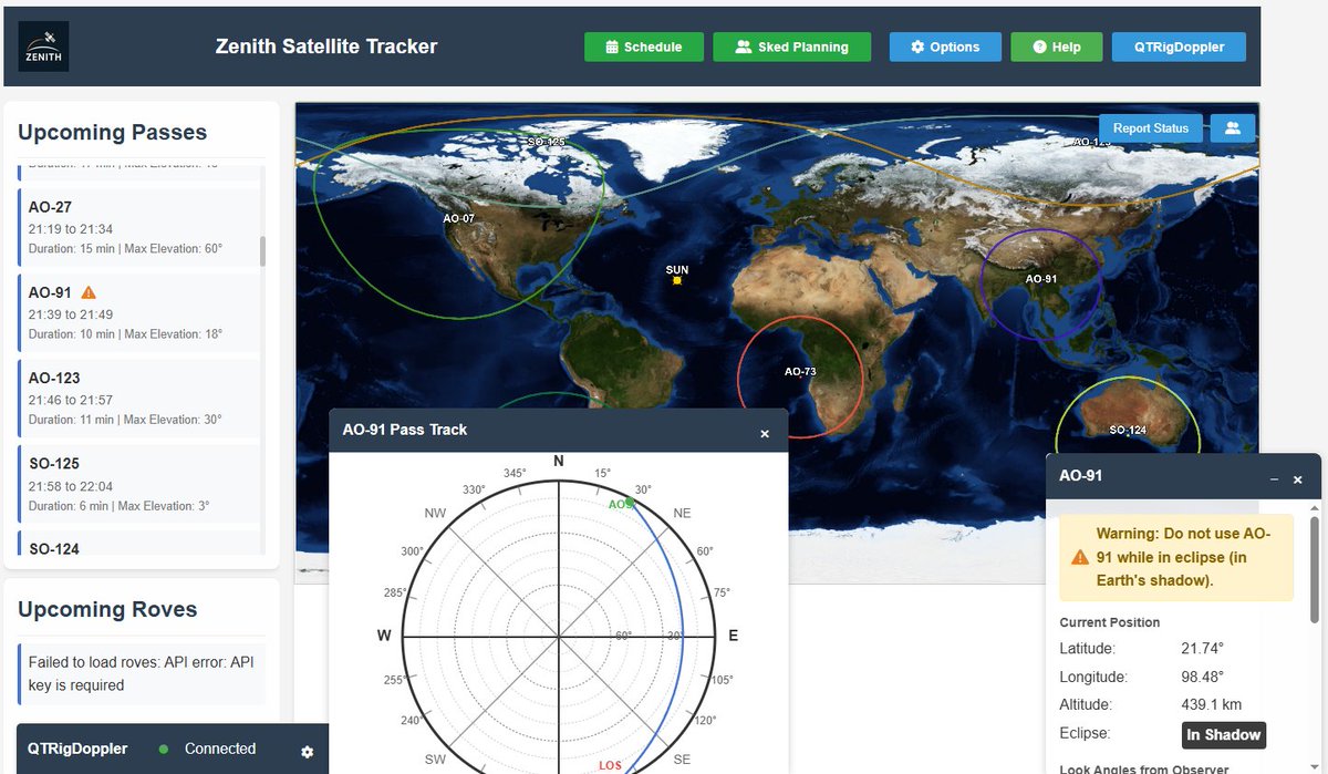 Little extra in Zenith coding this afternoon while waiting on client feedback. AO-91 will have a little warning icon next to it if the sat is in eclipse in the upcoming pass panel and also in the satellites info panel if its open :)
