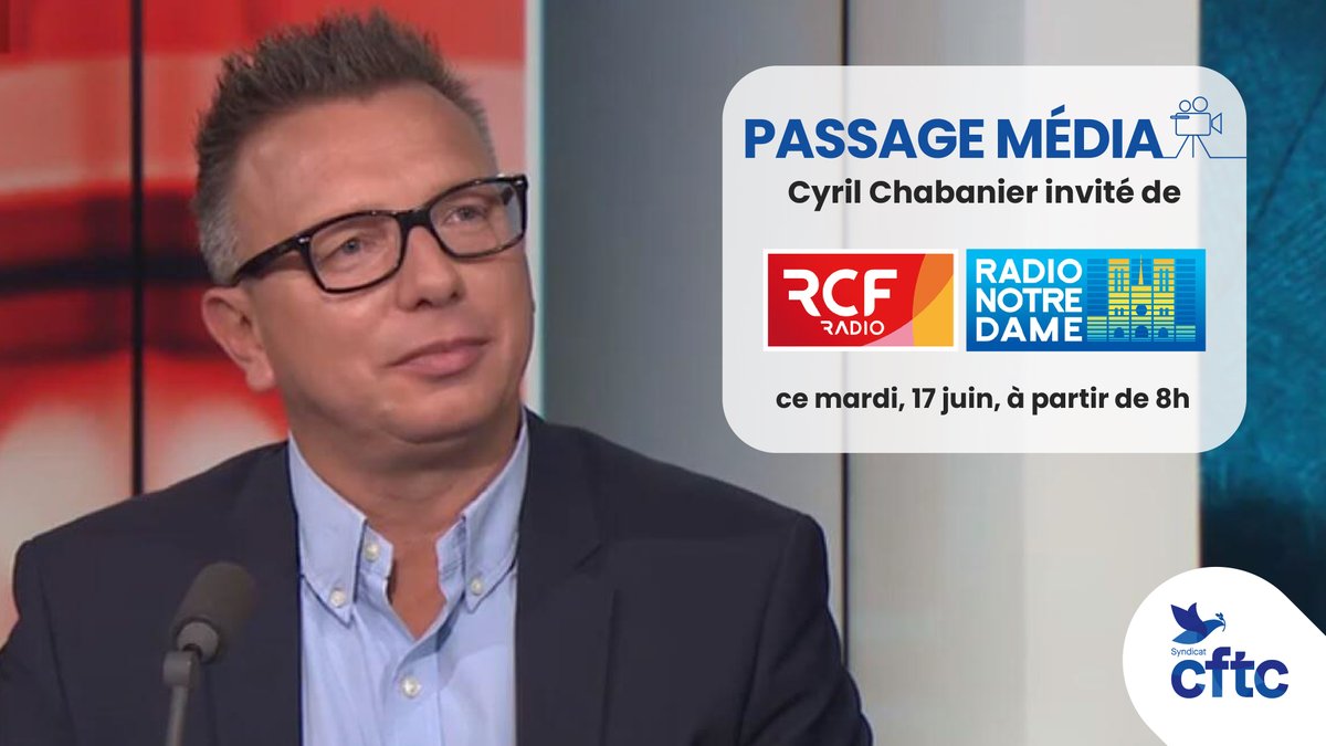 SyndicatCFTC's tweet photo. 🎙️📻 Passage Média 📻🎙️

Ce mardi 17 juin, dès 8h00, @ChabanierCFTC  sera l’invité de @pierre_hugues  dans l’émission L’Invité de la Matinale sur @radiorcf et @radionotredame.

Il apportera son éclairage sur les suites du #conclave sur les #retraites.