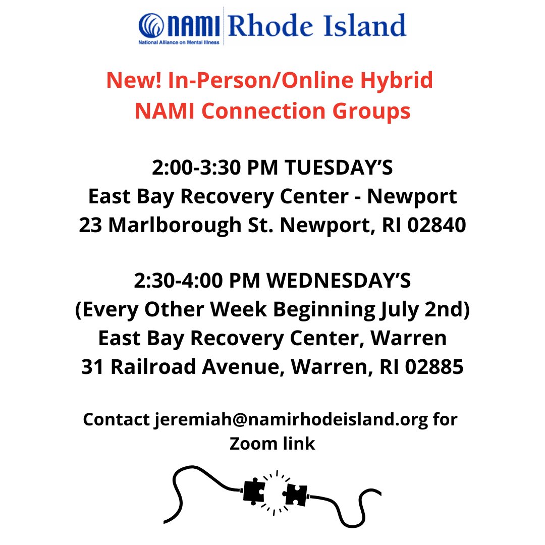 NAMI Rhode Island (@naminri) on Twitter photo We have added two new hybrid NAMI Connection Groups!
NAMI Connection Recovery Support Groups are free, peer-led support groups for any adult who has experienced symptoms of a mental health condition.
Call 401-331-3060 or email jeremiah@namirhodeisland.org for Zoom Links We have added two new hybrid NAMI Connection Groups!
NAMI Connection Recovery Support Groups are free, peer-led support groups for any adult who has experienced symptoms of a mental health condition.
Call 401-331-3060 or email jeremiah@namirhodeisland.org for Zoom Links