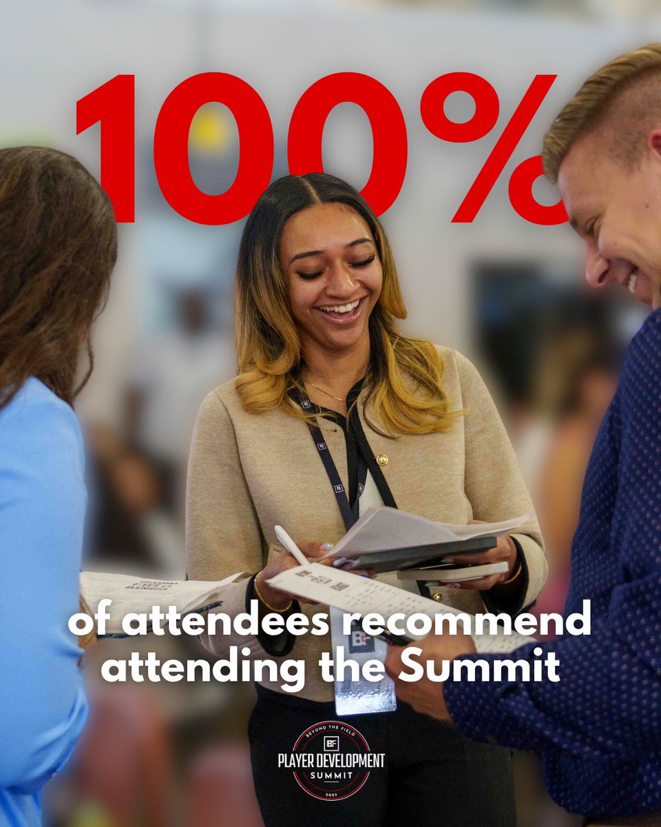 💯 100% of 2025 Summit attendees said they’d recommend it.

That tells us one thing:
We’re doing something right.

The Player Development Summit is more than an event—it’s a movement.

#25PDSummit #BeyondTheField #PlayerDevelopment #AthleteSupport
