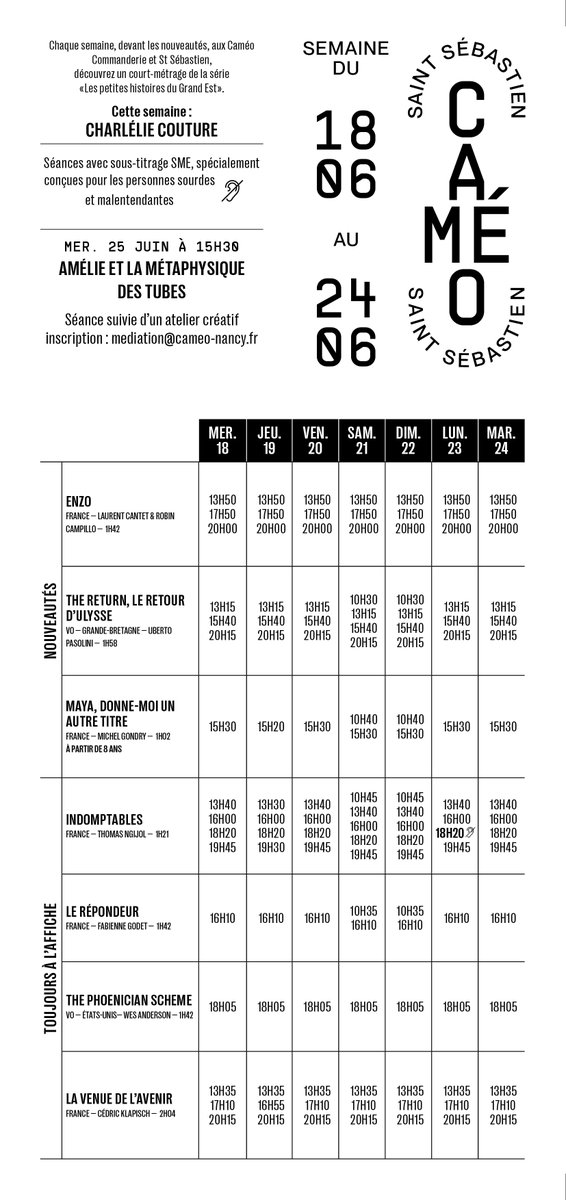 Horaires des séances pour la semaine du 18 au 24 juin 💥
- LA QUINZAINE EN SALLE
- SAVE OUR SOUL dans le cadre de la Journée Mondiale des Réfugié·es
- Ciné-club BELLE DE JOUR
- ❤
#Nancy