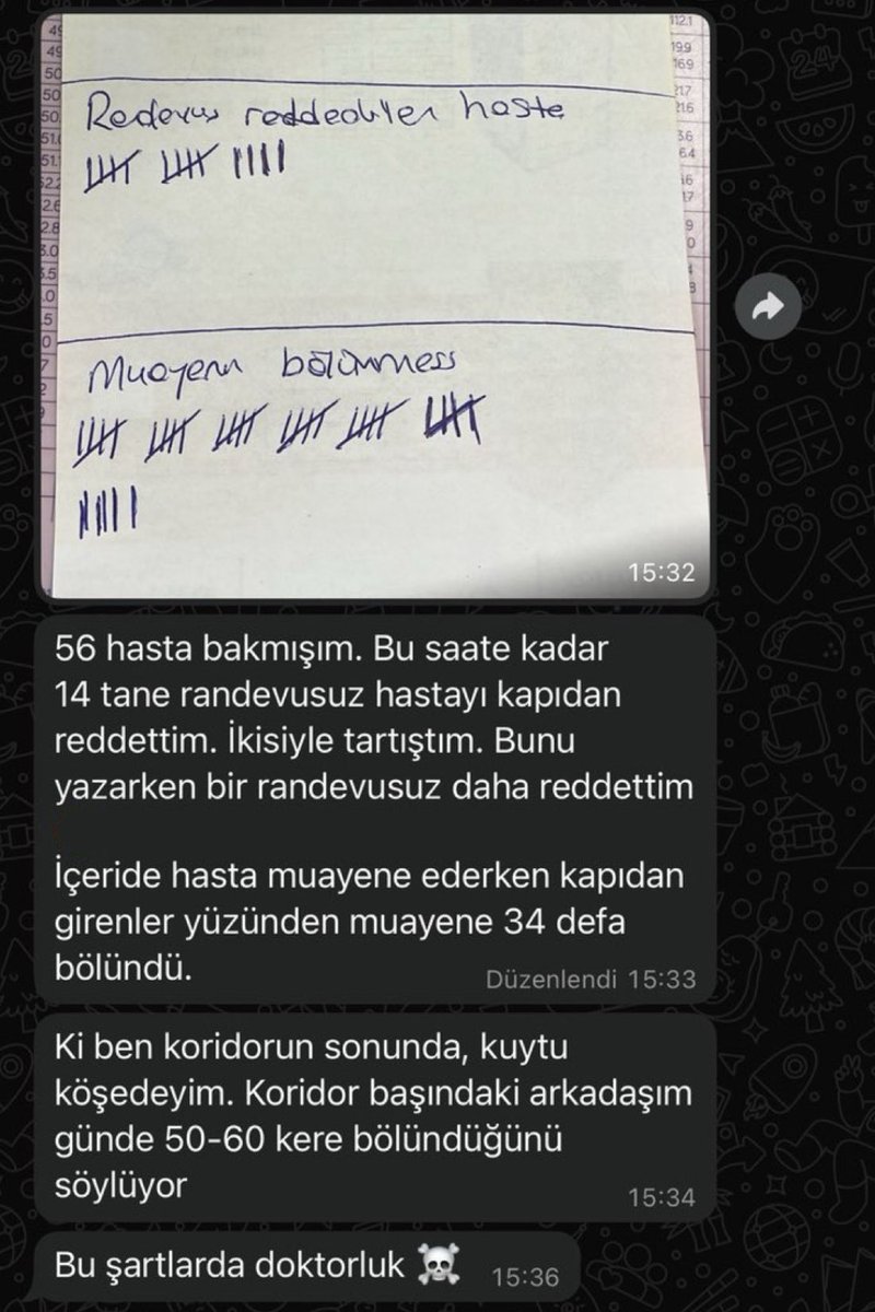 Her gün onlarca hasta, defalarca bölünen muayeneler, bitmeyen randevusuz baskısı…
Bu, ne hekimliğe yakışır bir ortam ne de hastaya fayda sağlayacak bir sistem.
İyileştirmeyi hedefleyen bir meslek, tükenmenin eşiğinde… 

Meslektaşımdan geldi 👇🏻