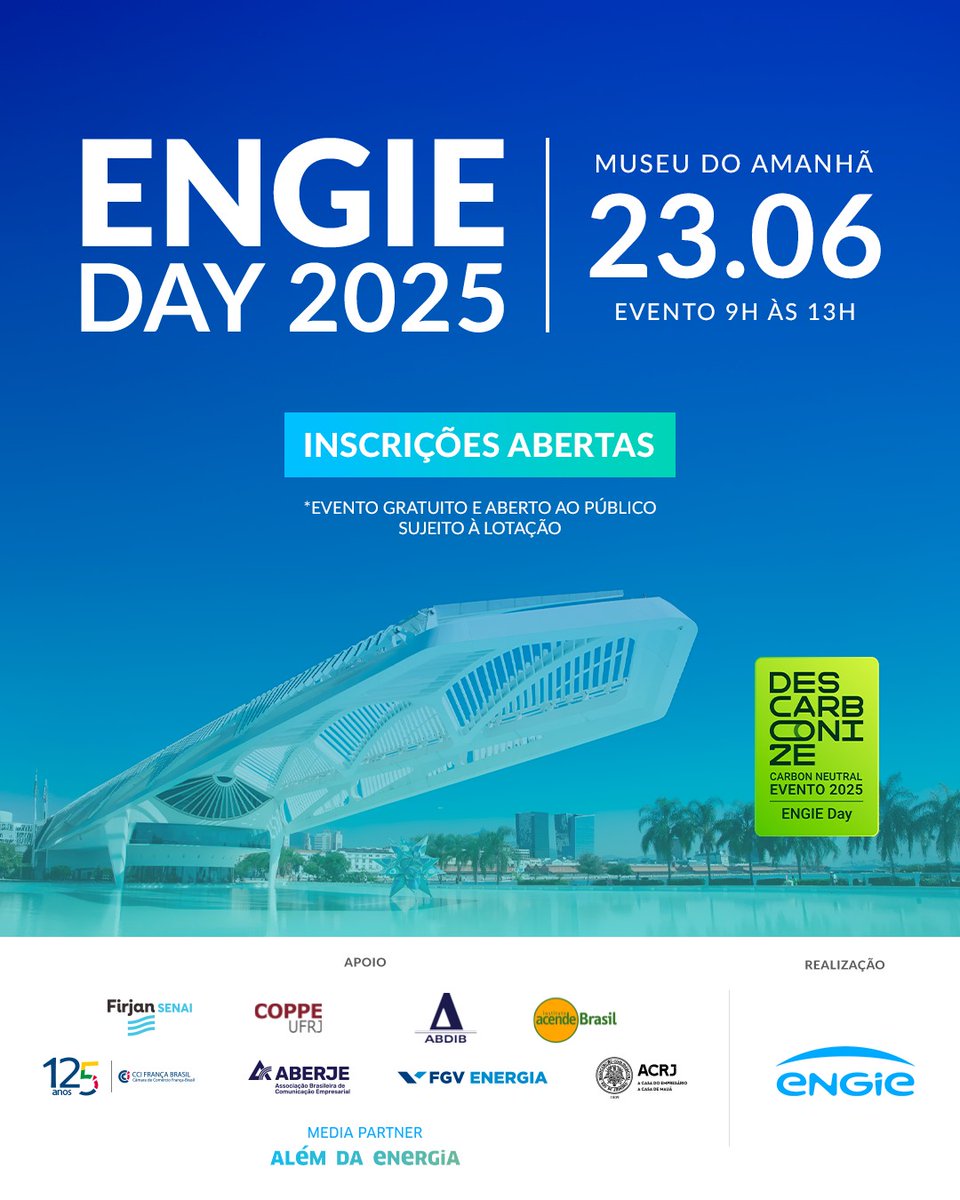 A <a href="/CoppeUFRJ/">Coppe UFRJ</a> apoia mais uma edição do ENGIE Day que, promovido pela ENGIE, será realizada no dia 23 de junho no Museu do Amanhã, no Rio de Janeiro. Para participar é preciso realizar inscrição no site do evento: engieday.com.br

Saiba mais: abrir.link/eaRCB
