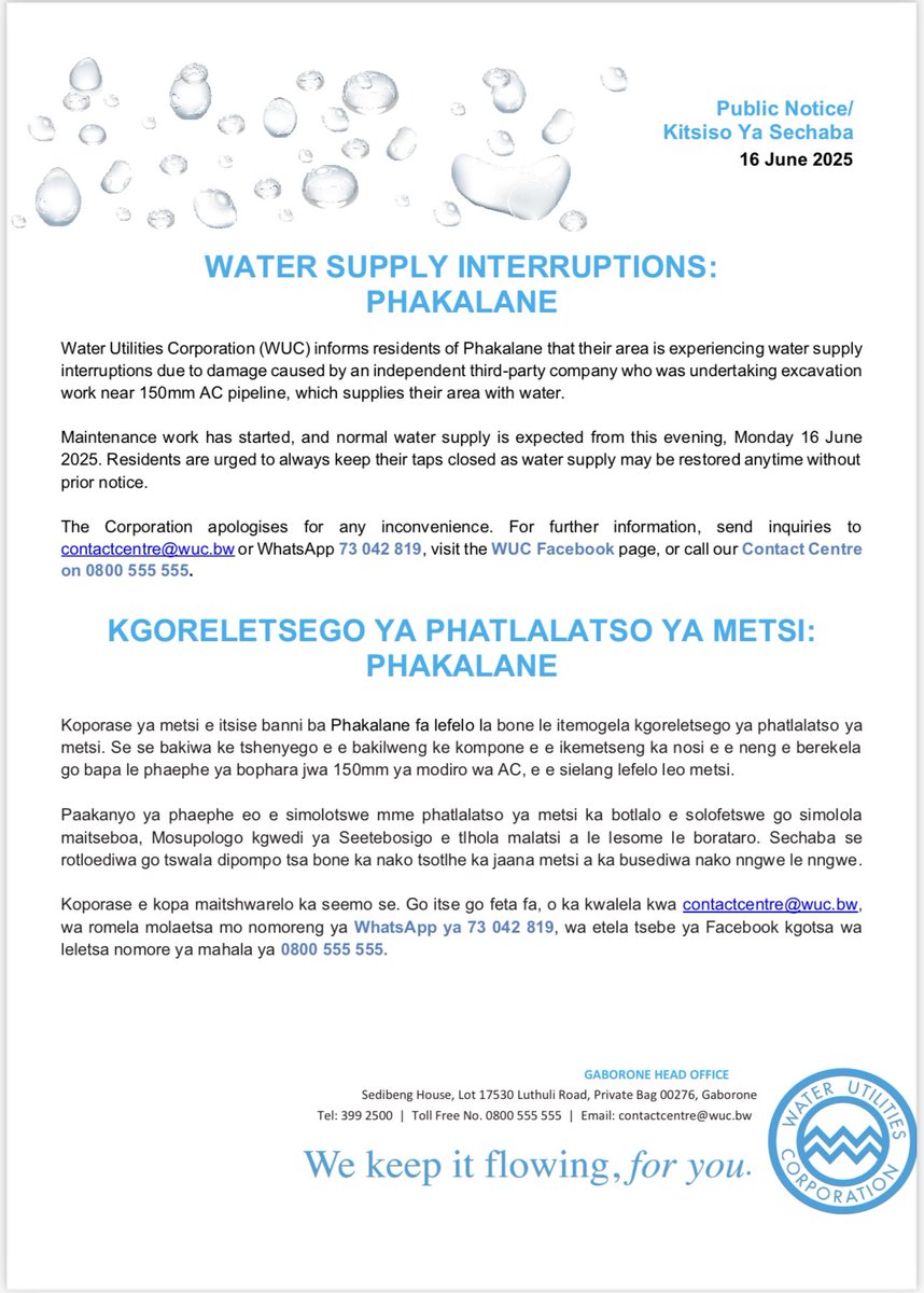 Public Notice/Kitsiso ya Sechaba 
Water Supply Interruptions/Kgoreletsego ya Phatlalatso ya metsi 

Phakalane