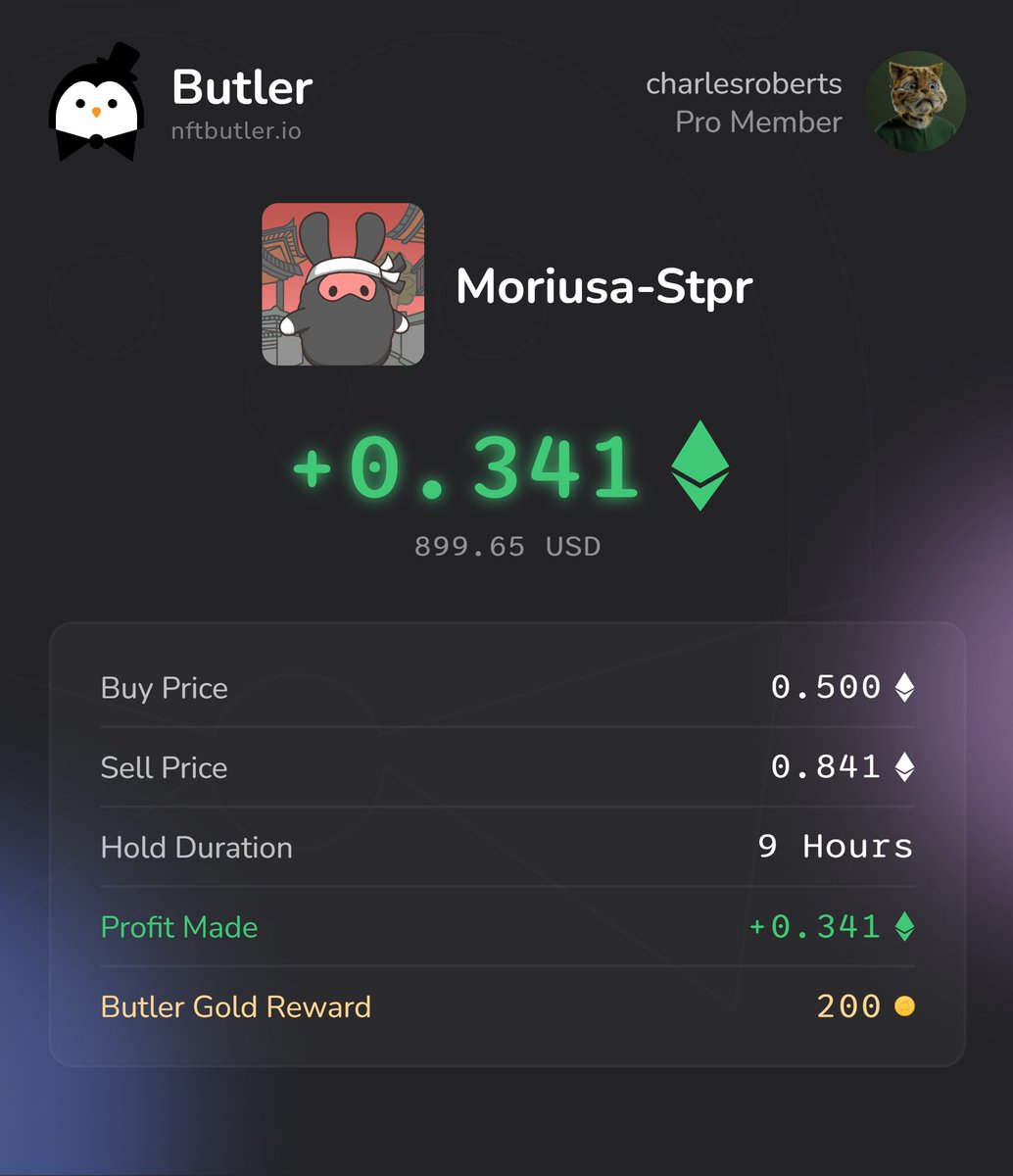 0.341 Ξ profit on a single trade 💰📈

Sharing my best Flip this month to get fat stacks of 200 Butler Gold 🟠
Stacking profits is so much easier with NFT Butler!🐧

#NFT #NFTCommunity #NFTButler

nftbutler.io