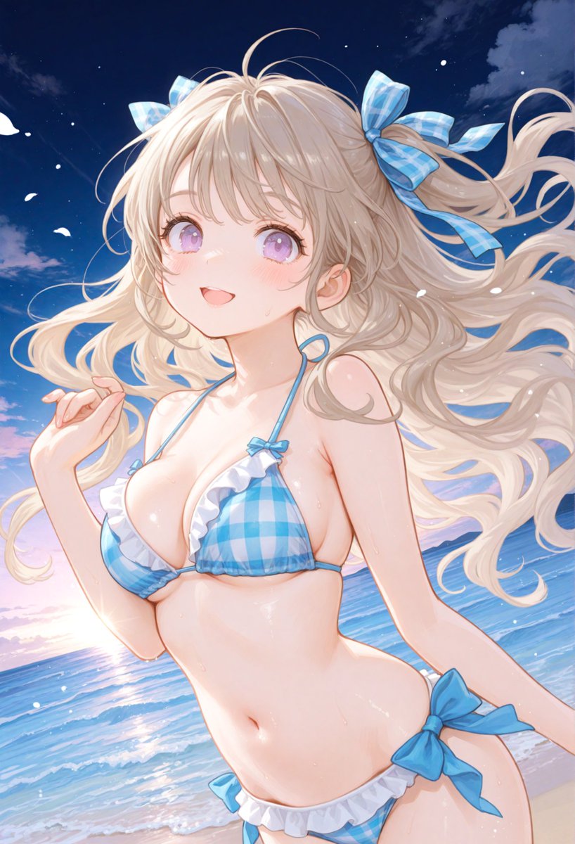 おはようございます♡
今日は水色チェック水着です！

紫と青のグラデーションのお空が好きです♡
x.com/i/grok/share/E…
