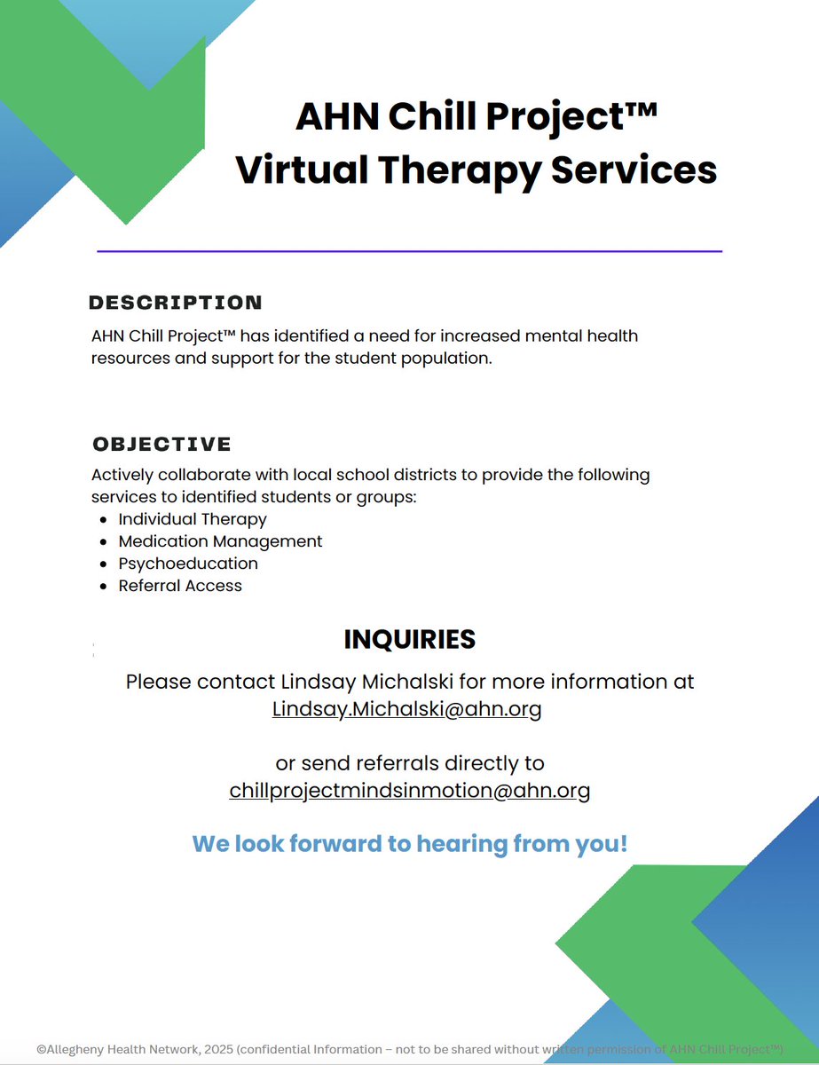 AHN's Chill Project is offering virtual therapy services. Services offered include individual therapy, medication management, psychoeducation, and referral access. Click the link for full details. shorturl.at/fLehl