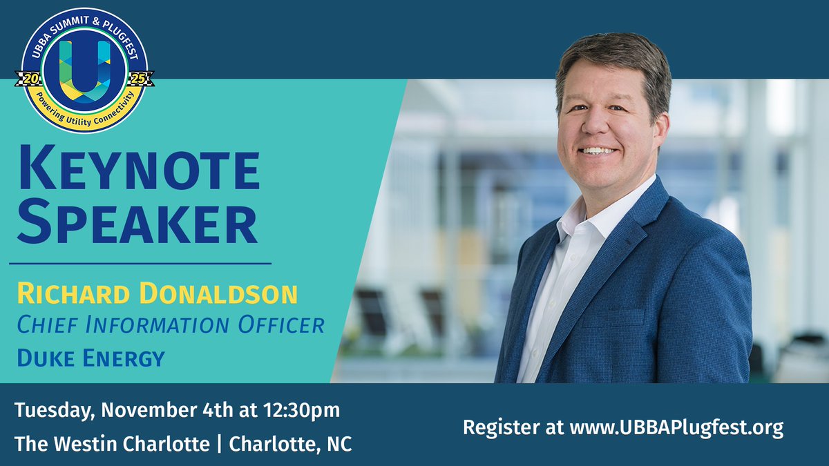🚨 Keynote Alert!

Duke Energy CIO Richard Donaldson will host the 2025 #UBBA Summit &amp; Plugfest keynote, Nov. 4.

 Don’t miss it! ⚡

🔗 ubbaplugfest.org

#ShiftIntoHighGear #UBBASummit25 #PoweringUtilityConnectivity