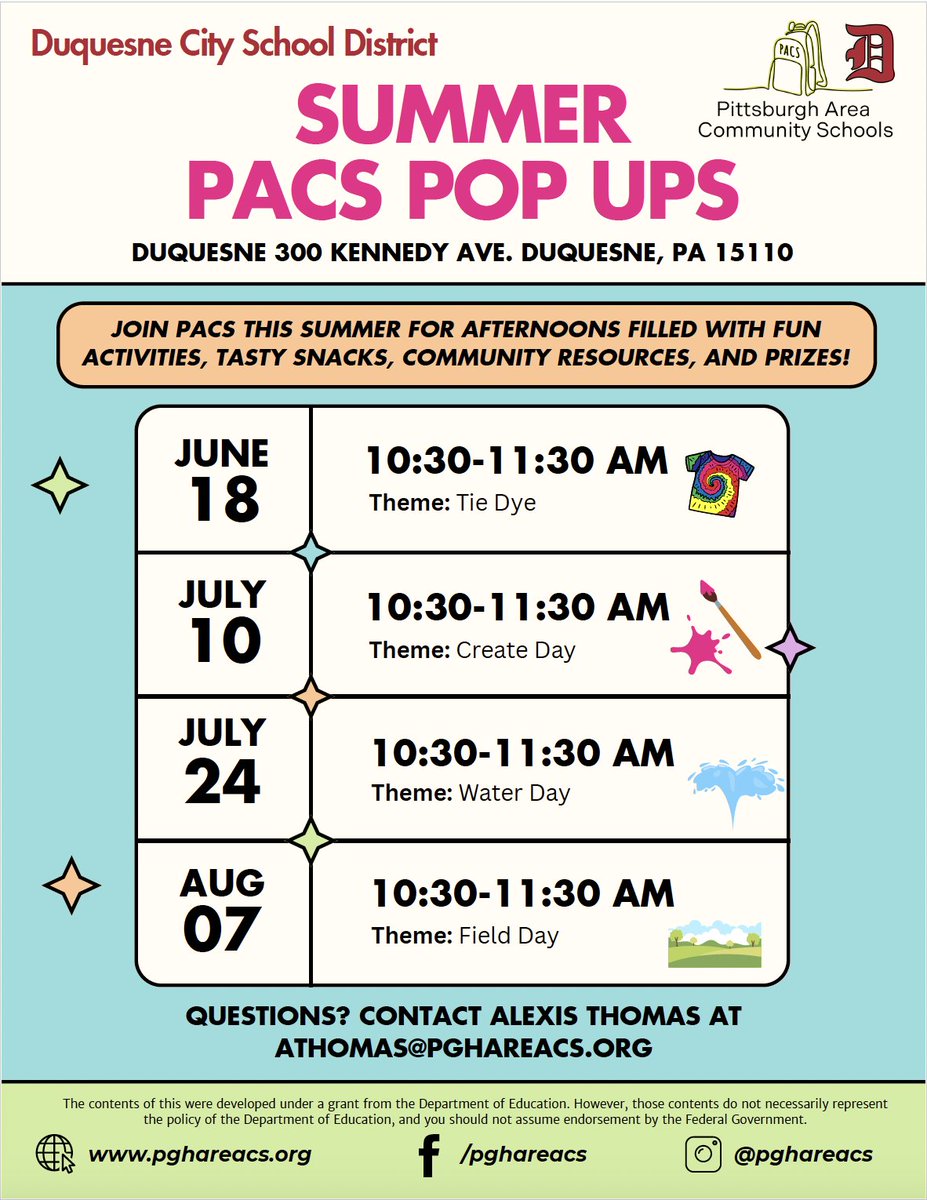 Our friends at Pittsburgh Area Community Schools (PACS) have plenty of fun activities planned for the Summer. Check out the flyer below for full details.