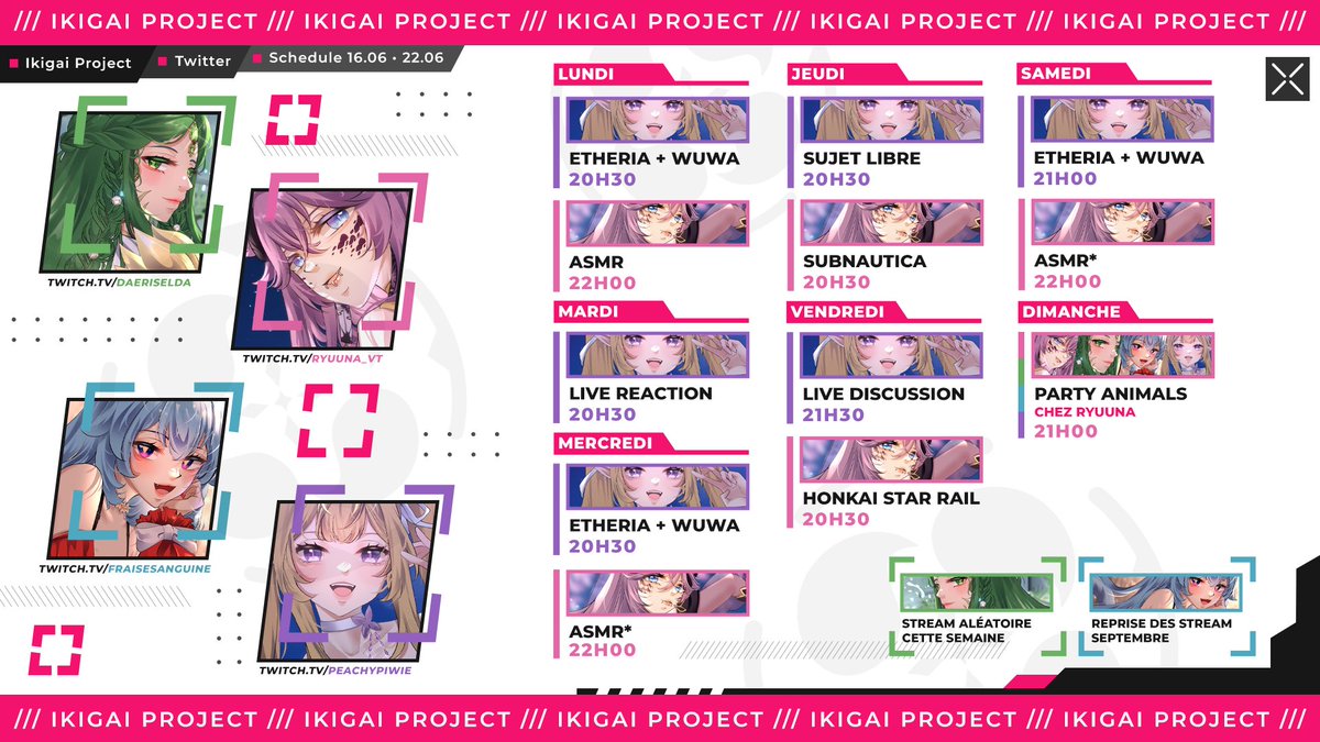 Ikigaiproject_'s tweet image. C'est le retour de notre @Daeriselda qui va stream de manière aléatoire ♥
Vous pourrez aussi profiter de @PeachyPiwie et @Ryuuna_vt, passant de Ethernal Restart, à de l'ASMR, des lives react ou encore du Subnautica 🌊
Et dimanche, Collab Ikigai🎉
Nos queens vous attendent 🫵