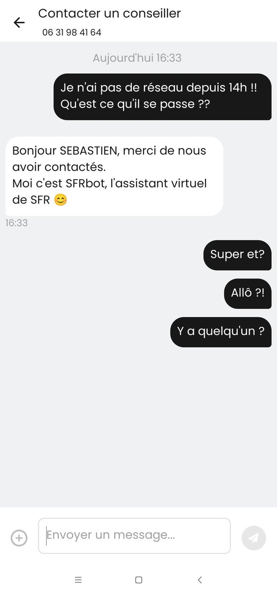 SebastienBreem's tweet photo. Plus de réseau chez @SFR depuis 14h, aucune information sans parler de l'aide sur l'application. Ha vous êtes des pros les gars !! Allez je me casse moi et les forfaits de mes enfants, on n'en peut plus https://t.co/8CbaGznrhE