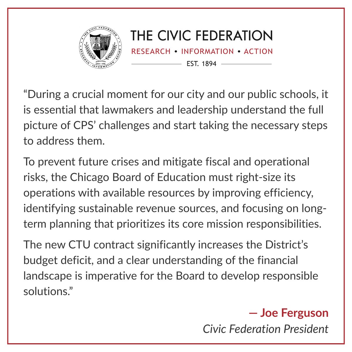 As CPS enters a pivotal budget season facing a growing deficit and a costly new CTU contract, the Civic Federation has released 3 reports examining:

🏫 CPS’ fiscal landscape
📚 The history of the School Finance Authority
💰 CPS pensions

Read more: civicfed.org/press/ahead-pi…
