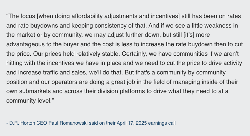 D.R. Horton CEO: Every $1 a builder spends on rate buydowns still results in a greater payment reduction for the buyer than a $1 price cut

"still [it’s] more advantageous to the buyer and the cost is less to increase the rate buydown then to cut the price"