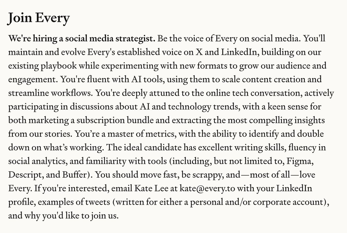 If you've ever thought "Every's great but their social could be SO much better," some news: 

We agree. And we're hiring a social media strategist to make it happen.

Details below and in this week's Context Window 👀every.to/context-window…