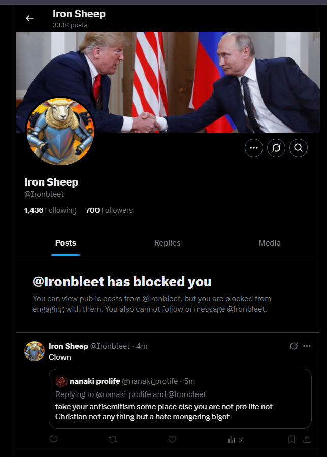 Fake Christian fake prolifer anti semitic loser who quotes out posts to break context then blocks 
#unitedprolife
x.com/Ironbleet/stat…
Sift and report his account
