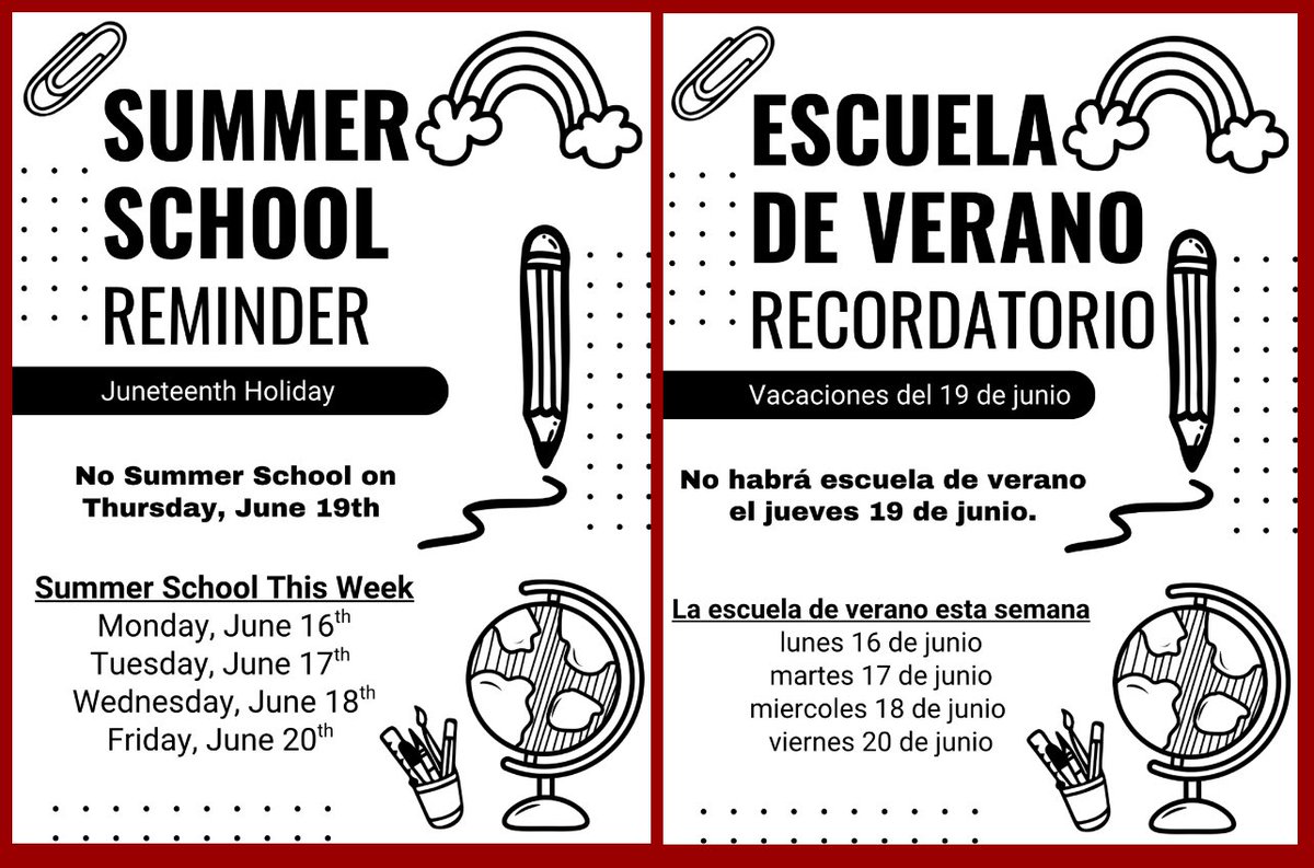 Dyana Figueroa, M. Ed (@msfigueroa10) on Twitter photo Friendly reminder for <a href="/Alexander_AISD/">Alexander Elementary</a> Summer School…Summer School will be held on Monday, Tuesday, Wednesday, & Friday this week only due to the Juneteenth Holiday
No Summer School on Thursday, June 19th Friendly reminder for <a href="/Alexander_AISD/">Alexander Elementary</a> Summer School…Summer School will be held on Monday, Tuesday, Wednesday, & Friday this week only due to the Juneteenth Holiday
No Summer School on Thursday, June 19th