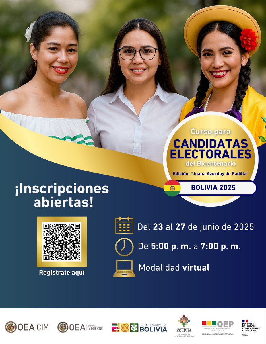 Bolivia 🇧🇴 | ¿Eres candidata a las elecciones generales de Bolivia? ¡Esta oportunidad es para ti!

🗳️ Curso para Candidatas Electorales del Bicentenario “Juana Azurduy de Padilla”.

🟡 Registro abierto hasta el 19 de junio forms.office.com/r/rUiueYZm3a