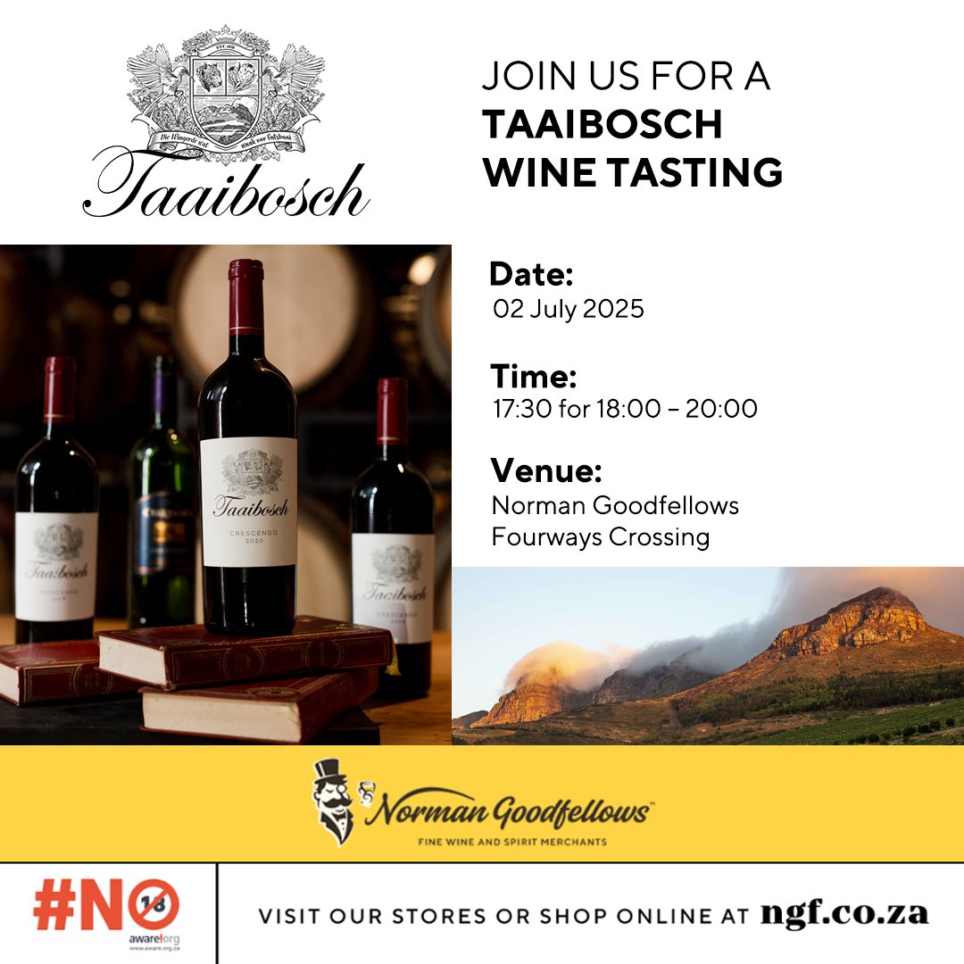 Join us for an exquisite Taaibosch wine and food pairing at our premium Norman Goodfellows Fourways store. Taste wines rooted in nature and terroir.

Discover your new favourites while shopping in-store.

📆Date: 02 July 2025
📍Venue: Norman Goodfellows Fourways, Fourways