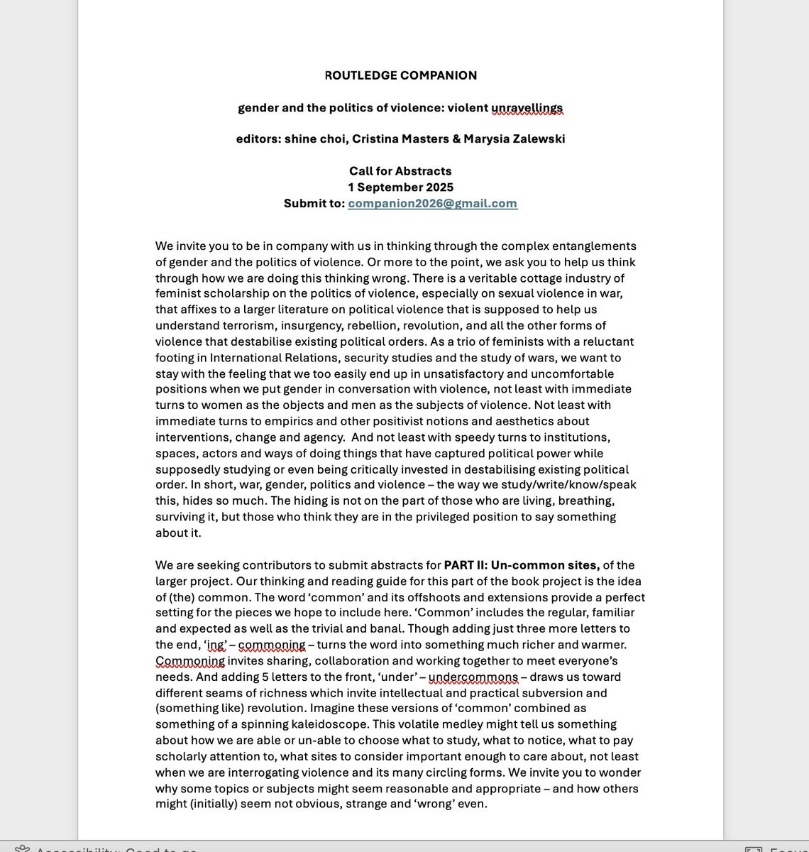 ProfMarysiaZed's tweet photo. Call for abstracts! Routledge Companion on “gender and the politics of violence: violent unravellings”  editors shine Choi, Cristina Masters &amp; Marysia Zalewski. https://t.co/Q2BSCKbOlX