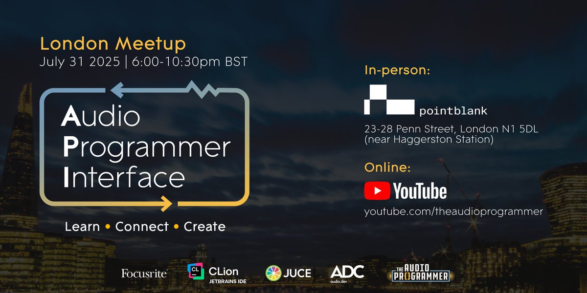 The Audio Programmer (@audioprogrammer) on Twitter photo 🇬🇧 The Audio Programmer Interface (API) returns to London!
Join us for a future-focused evening of networking, learning, and collaboration in the world of music and audio technology.
This year, we're excited to partner with <a href="/Point_Blank/">pointblank Music School</a>, one of the world’s leading institutions 🇬🇧 The Audio Programmer Interface (API) returns to London!
Join us for a future-focused evening of networking, learning, and collaboration in the world of music and audio technology.
This year, we're excited to partner with <a href="/Point_Blank/">pointblank Music School</a>, one of the world’s leading institutions