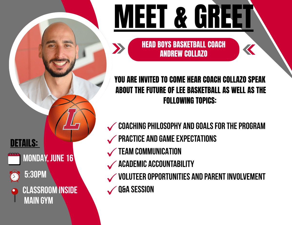 Parents and Players,

We’re excited to invite you to a Meet &amp; Greet with our new Head Boys Basketball Coach, Coach Andrew Collazo, tonight at 5:30 PM in the Main Gym Classroom.

Coach Collazo will introduce himself, share his vision for the program, and go over important