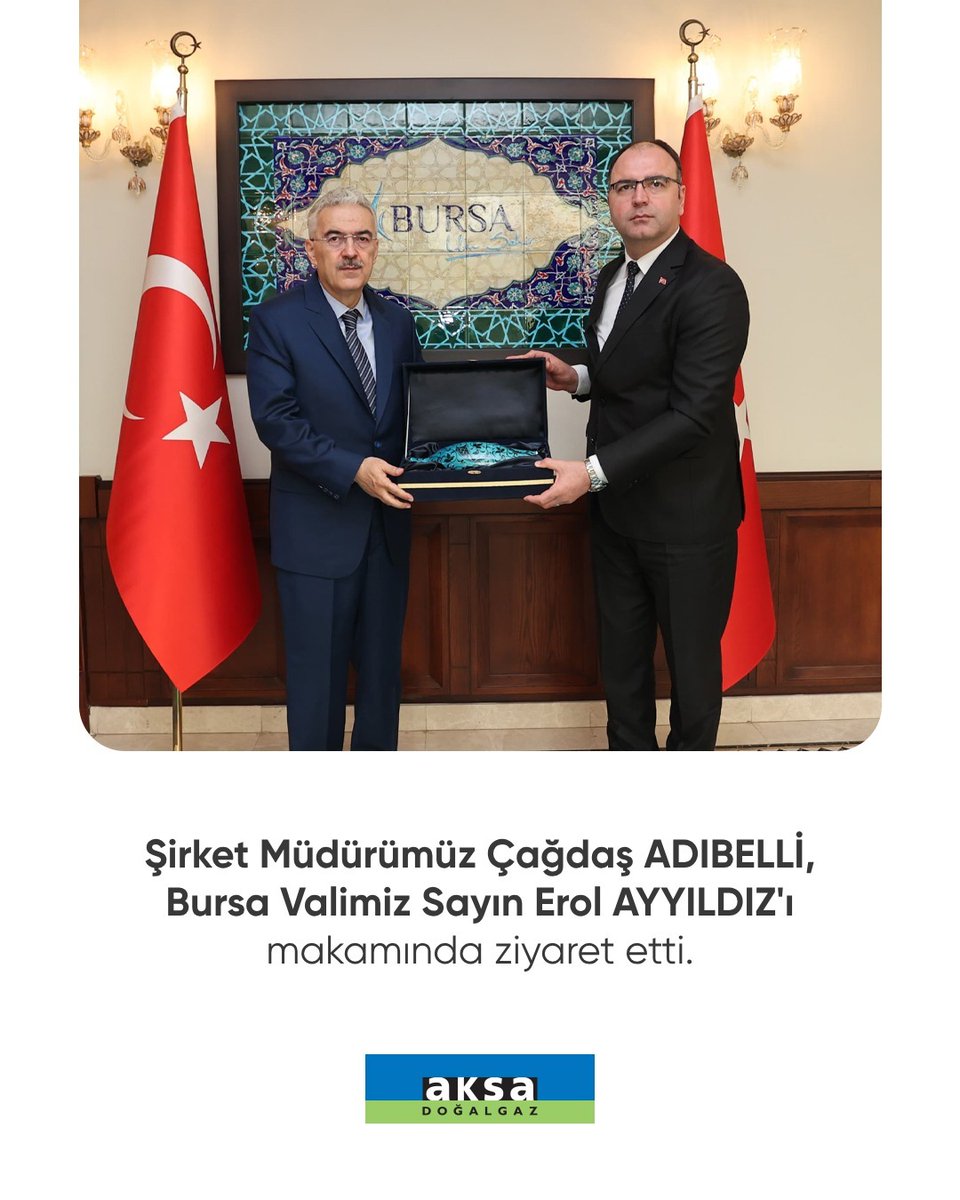 Şirket müdürümüz Çağdaş Adıbelli, Bursa Valisi Erol Ayyıldız’ı makamında ziyaret etti. Sayın valimize nazik kabulleri ve misafirperverlikleri için teşekkür ederiz. 

#Aksadoğalgaz #Aksadoğalgazbursa