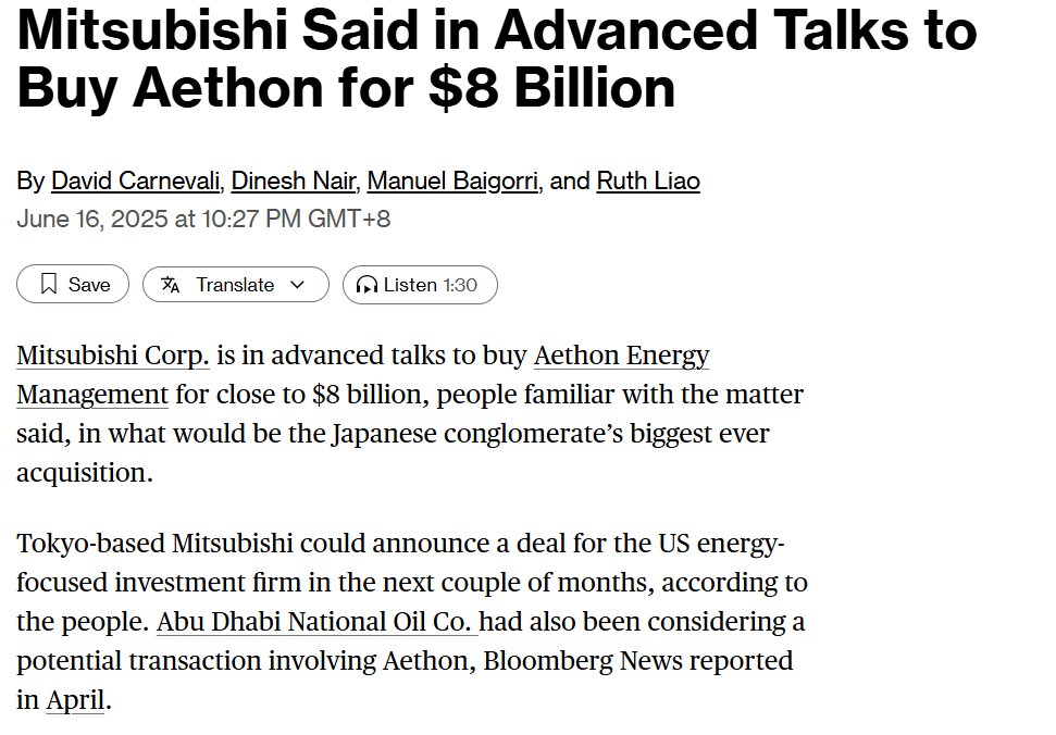 Japan's top trading house considers huge investment in US shale gas 🇯🇵🤝🇺🇸

👉 Mitsubishi Corp is in talks to buy Aethon Energy for close to $8 billion
👉 Aethon is among the most active drillers in the Haynesville shale basin

bloomberg.com/news/articles/…