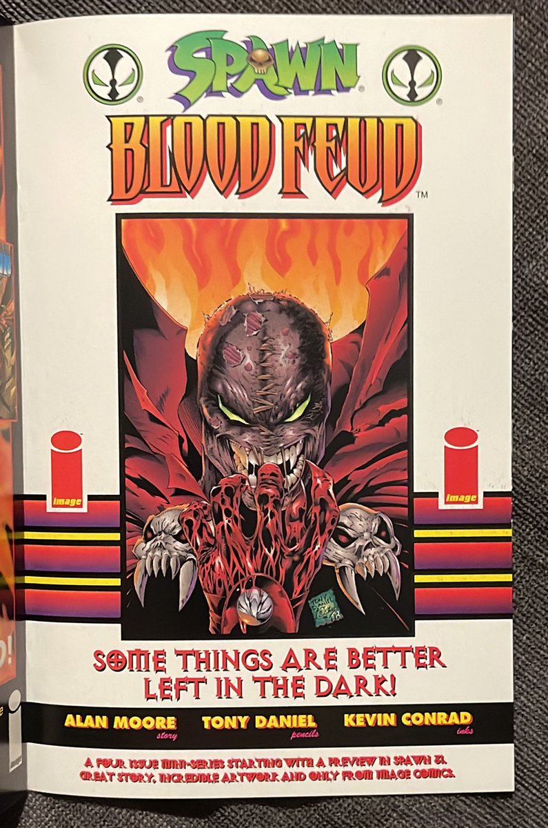 rholmes0520's tweet image. Great ad for a great mini series! It’s the Spawn Blood Feud mini series! Is Spawn a vampire?! Don’t you dare miss it… @TonyDanielx2 @KevinConradArt #Spawn #comics #AlanMoore