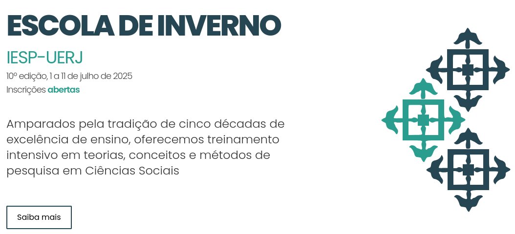 Para quem procura formação complementar em pesquisa: estão abertas as inscrições da 10º Escola de Inverno, iniciativa de formação intensiva em métodos e conceitos em Ciências Sociais aqui do <a href="/uerj_iesp/">IESP-UERJ</a>.

O website do evento: inverno.iesp.uerj.br

Segue um🧶