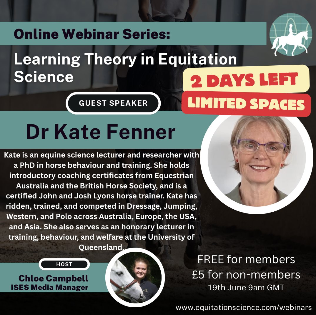 equitationscien's tweet photo. 2 days left with limited spaces!
WEBINAR: Learning Theory in Equitation Science
19th June | 9am GMT
With Dr. Kate Fenner
https://t.co/X4PrSrTtat https://t.co/R6TirdFWuo