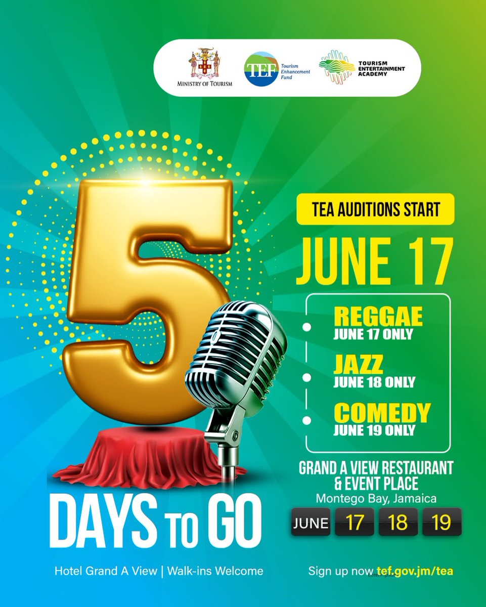 KOOL 97 FM (@kool97fm1) on Twitter photo Are you a talented Jamaican looking for your big break? <a href="/TEFJamaica/">Tourism Enhancement Fund Jamaica</a> <a href="/tourismja/">Ministry Of Tourism Jamaica</a> 5 Days to Go! The countdown is on, Montego Bay! The Tourism Entertainment Academy (TEA) Auditions start this June 17 at Grand A View Restaurant & Event Place and it’s your time to shine! Are you a talented Jamaican looking for your big break? <a href="/TEFJamaica/">Tourism Enhancement Fund Jamaica</a> <a href="/tourismja/">Ministry Of Tourism Jamaica</a> 5 Days to Go! The countdown is on, Montego Bay! The Tourism Entertainment Academy (TEA) Auditions start this June 17 at Grand A View Restaurant & Event Place and it’s your time to shine!