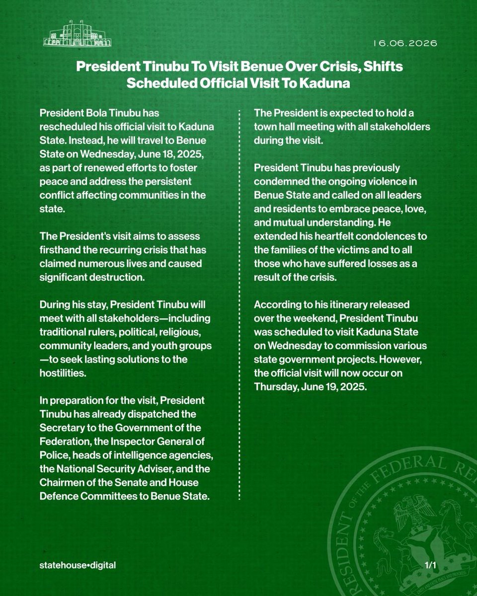President Bola Tinubu to visit Benue… assess crisis, and meet stakeholders. ~ <a href="/NGRPresident/">Presidency Nigeria</a> 

<a href="/officialABAT/">Bola Ahmed Tinubu</a>